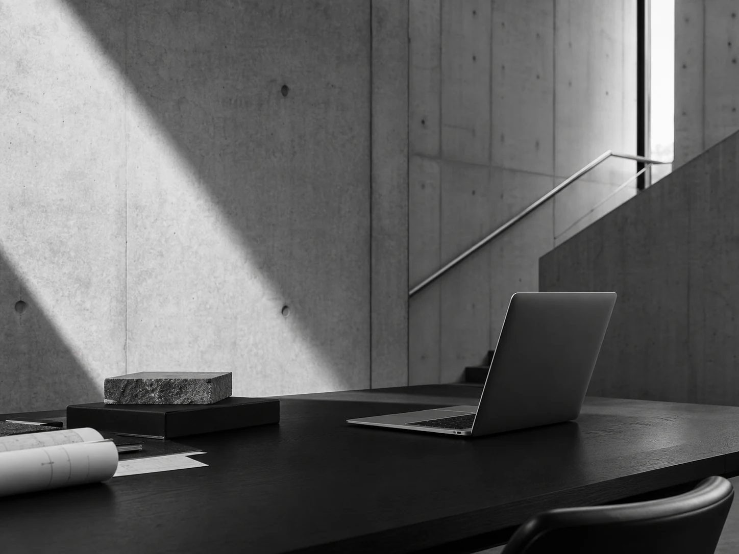 Reduzierter Arbeitsplatz mit Laptop, Betonstruktur und klarem Tageslicht